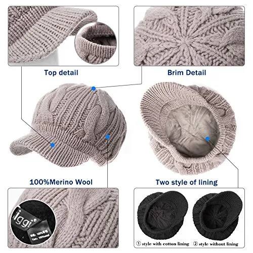 Fancet Women's Merino Wool Visor Beanie Cap
