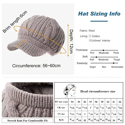 Fancet Women's Merino Wool Visor Beanie Cap