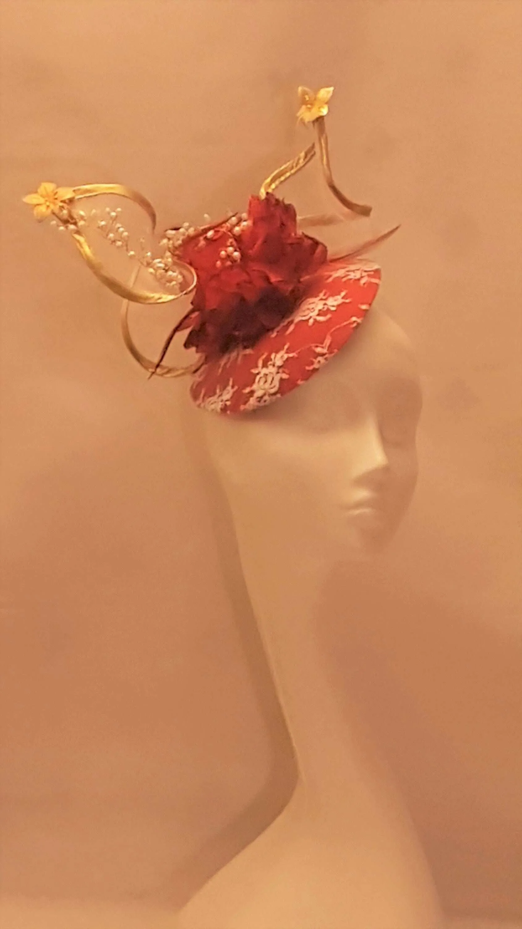 Fascinator hat, Wedding, Kentecy derby, Royal Ascot hat, RED Feather fascinator hat, GOLD edge Swirl  Ladies Hat with Crystal Pearl Vine