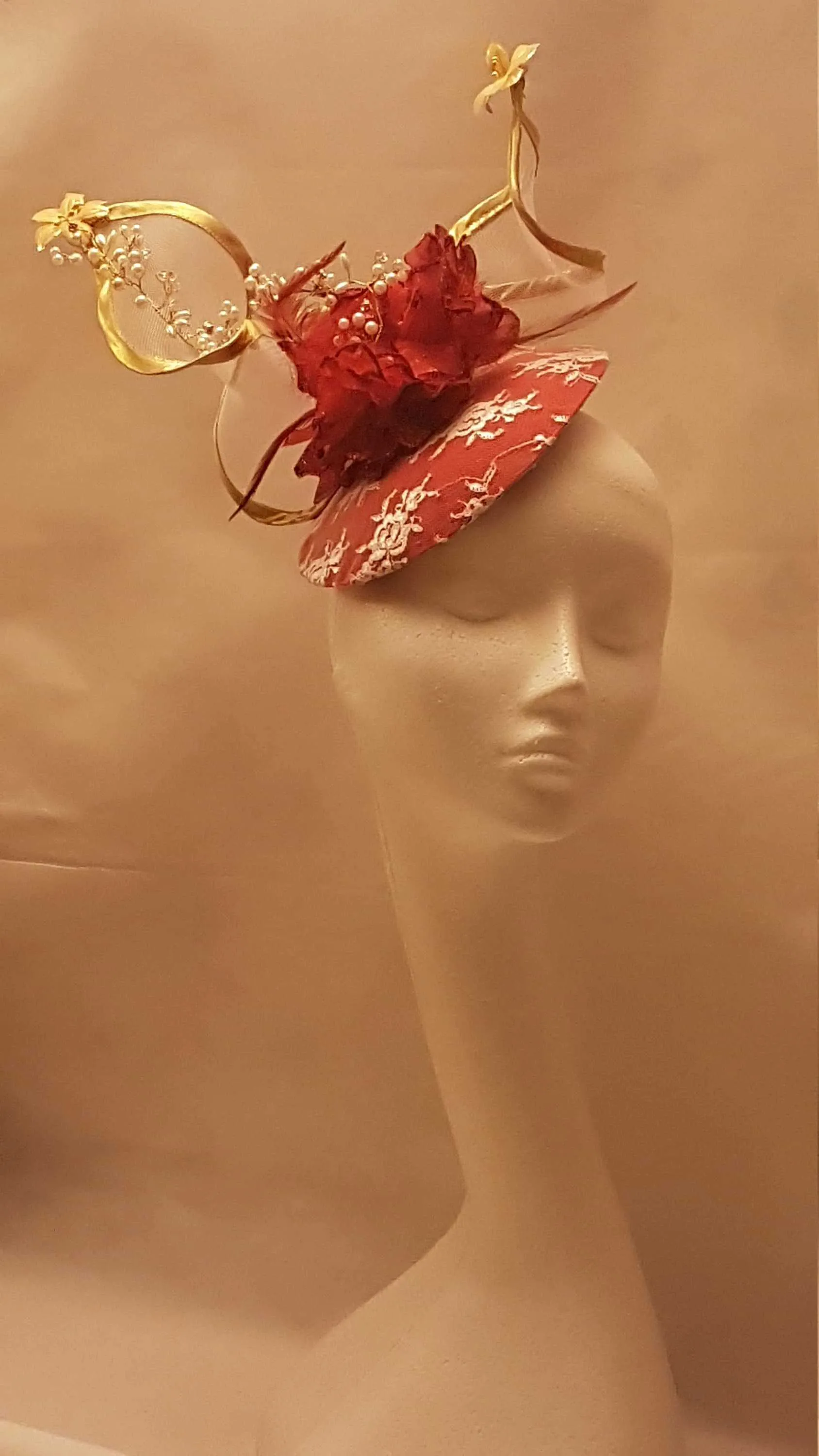 Fascinator hat, Wedding, Kentecy derby, Royal Ascot hat, RED Feather fascinator hat, GOLD edge Swirl  Ladies Hat with Crystal Pearl Vine