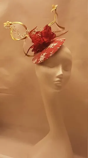 Fascinator hat, Wedding, Kentecy derby, Royal Ascot hat, RED Feather fascinator hat, GOLD edge Swirl  Ladies Hat with Crystal Pearl Vine