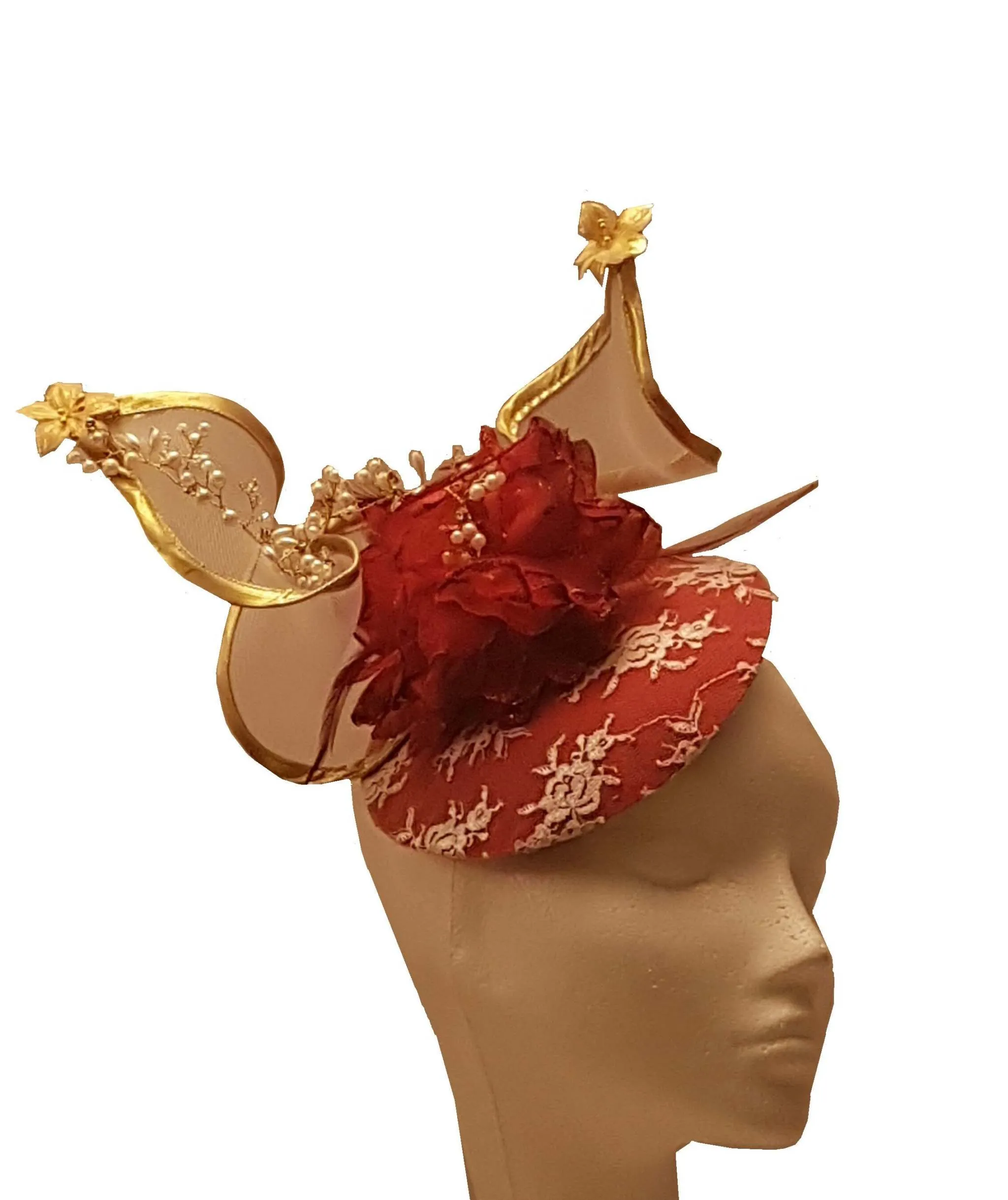 Fascinator hat, Wedding, Kentecy derby, Royal Ascot hat, RED Feather fascinator hat, GOLD edge Swirl  Ladies Hat with Crystal Pearl Vine