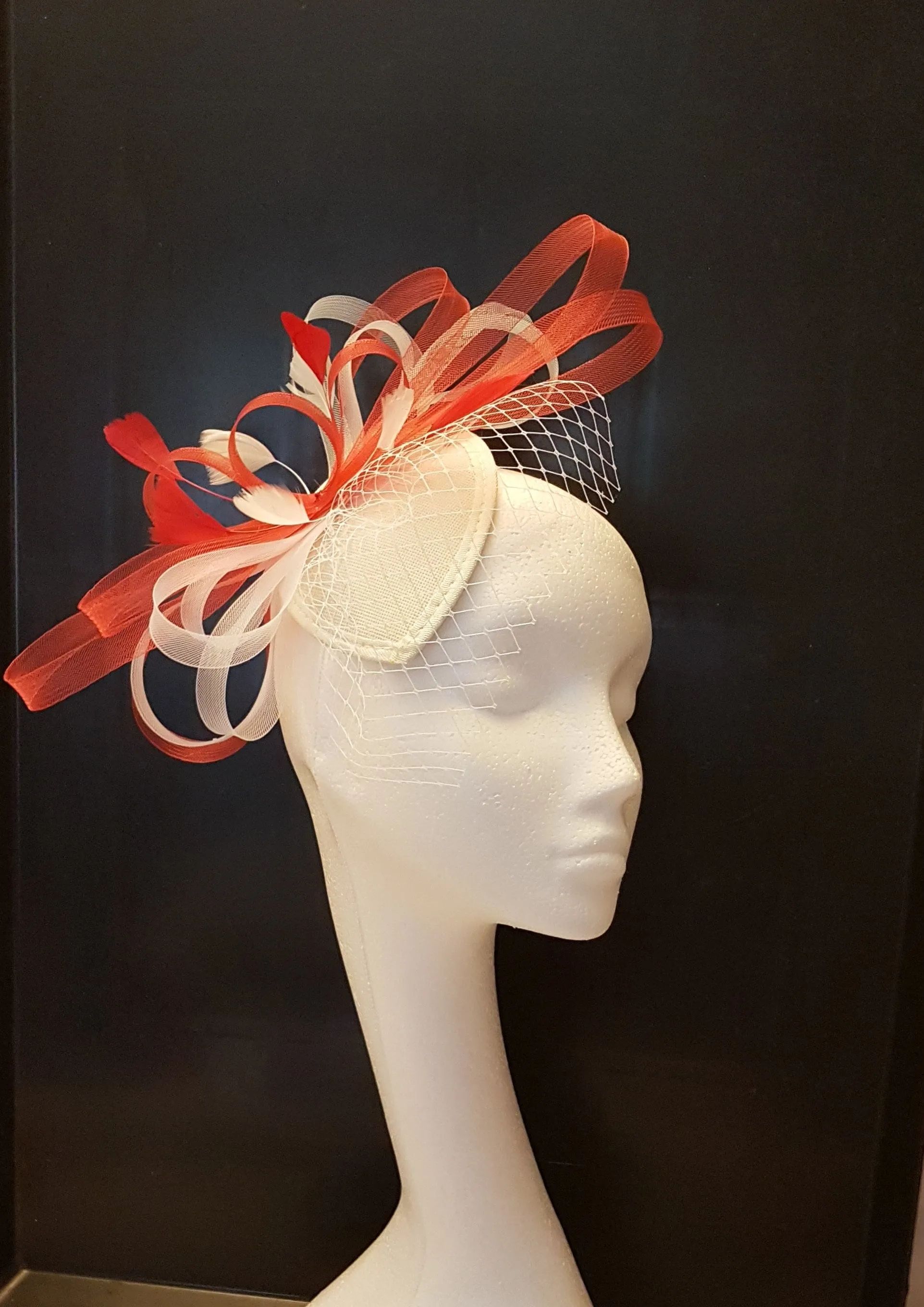 Fascinator, RED & WHITE Teardrop Hat fascinator Mini VEIL #Red and White Ascot hat fascinator,Wedding, Race, Cocktail, Church hat fascinator