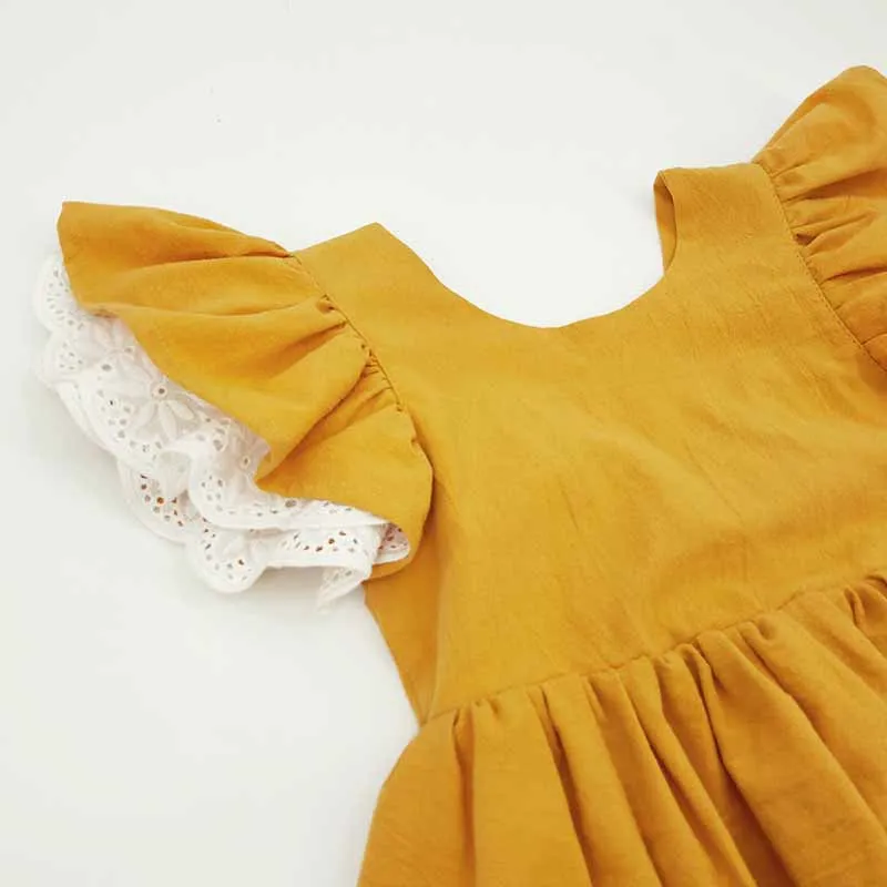 Girl Dress Summer Cotton Linen Ruffle Halter Sleeveless Kids Casual Beach Party Dresses