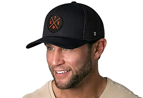 HAKA Austin Hat – ATX Trucker Hat for Men & Women, Adjustable Baseball Cap, Mesh Snapback, Outdoor Golf Hat - Black (Orange Thread)