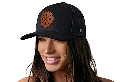 HAKA PNW Hat, Pacific Northwest Camping Hat – Mesh Outdoors Trucker Hat for Men & Women, Adjustable Snapback Baseball Cap, Golf Hat - Synthetic Leather Black