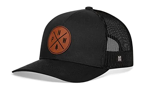 HAKA PNW Hat, Pacific Northwest Camping Hat – Mesh Outdoors Trucker Hat for Men & Women, Adjustable Snapback Baseball Cap, Golf Hat - Synthetic Leather Black