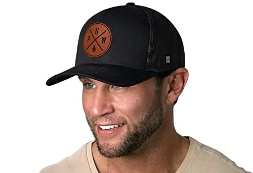 HAKA PNW Hat, Pacific Northwest Camping Hat – Mesh Outdoors Trucker Hat for Men & Women, Adjustable Snapback Baseball Cap, Golf Hat - Synthetic Leather Black