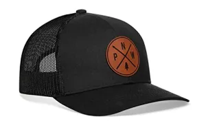 HAKA PNW Hat, Pacific Northwest Camping Hat – Mesh Outdoors Trucker Hat for Men & Women, Adjustable Snapback Baseball Cap, Golf Hat - Synthetic Leather Black