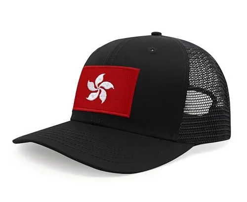 International Tie Premium Hong Kong Flag Hat for Men and Women - Snapback Trucker Baseball Cap (All Black)