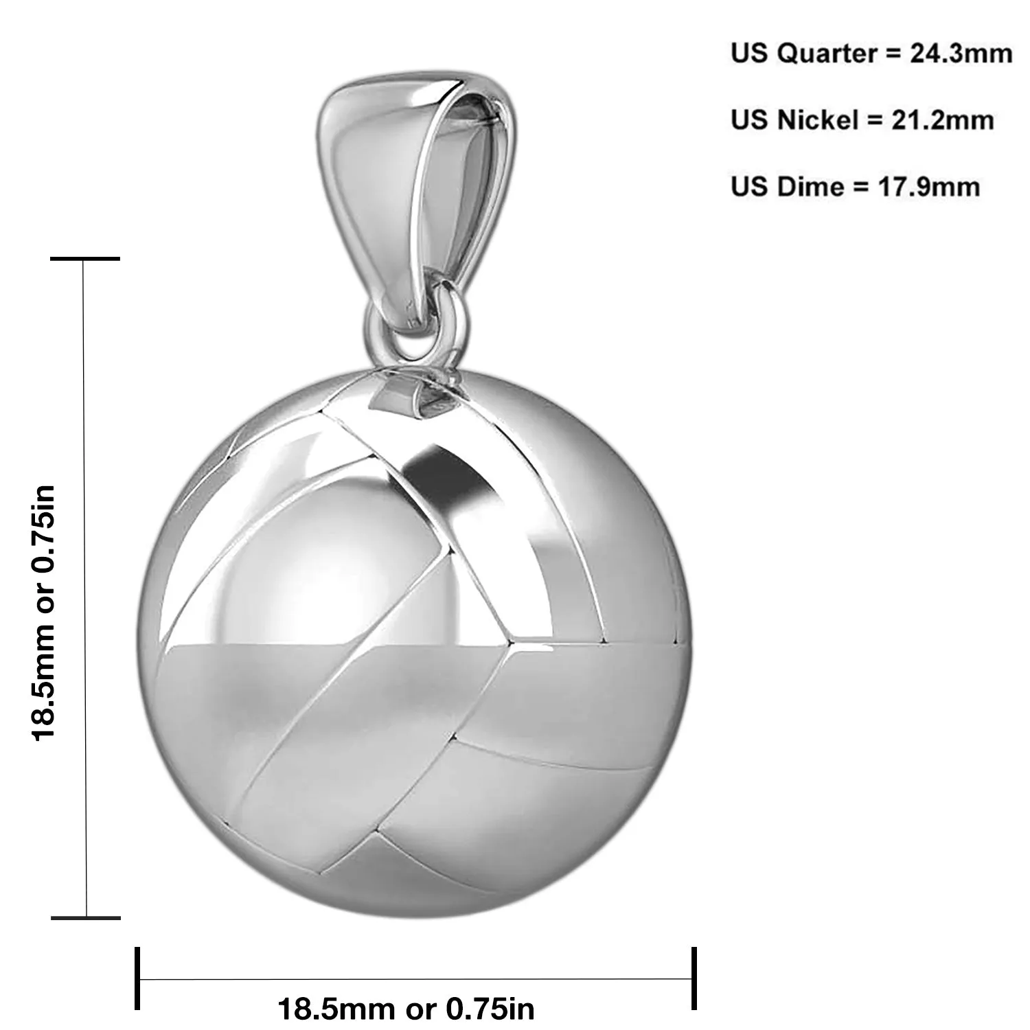 Large 925 Sterling Silver 3D Volley Ball Pendant Necklace, 18.5mm