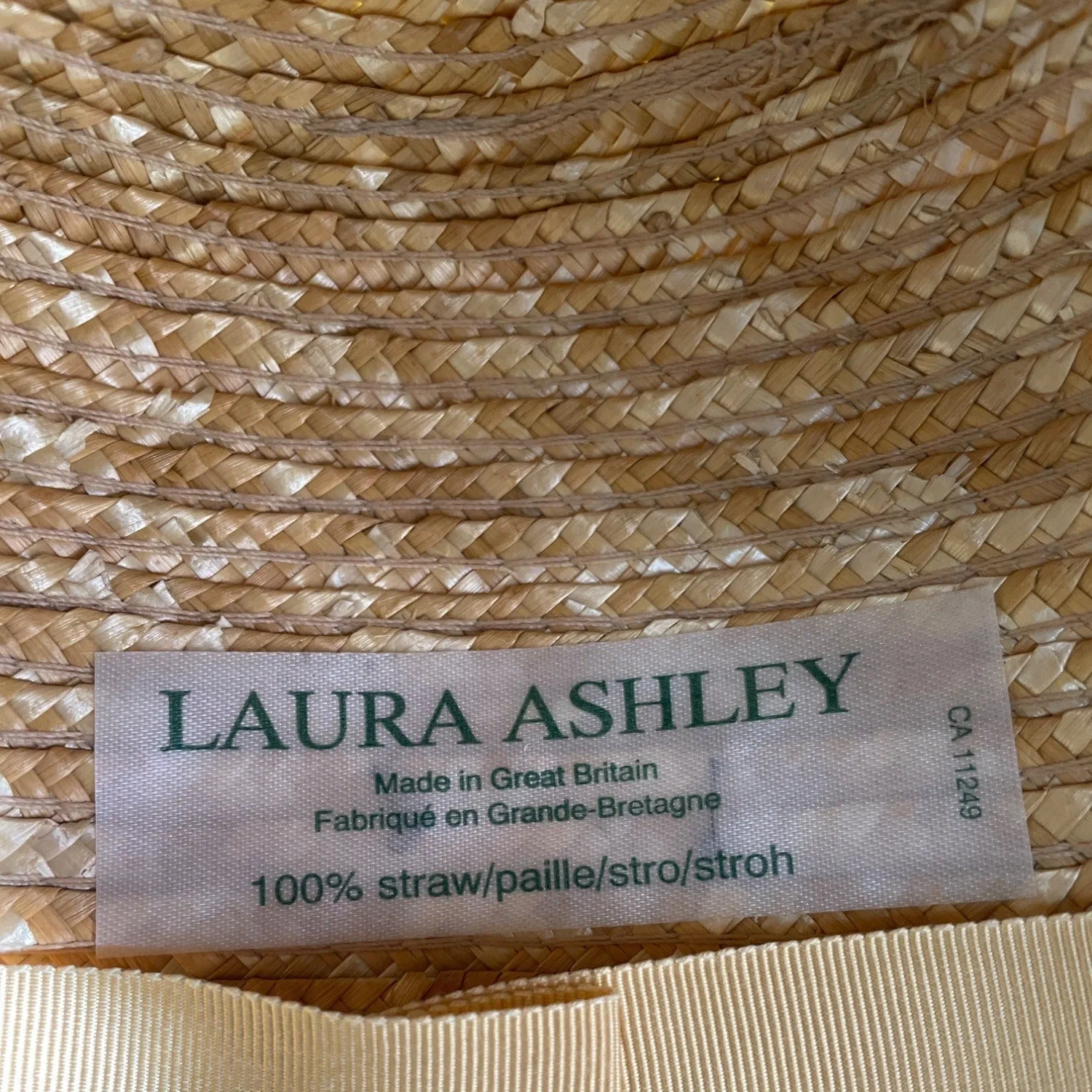 Laura Ashley Vintage Boater Straw Hat With Wide Black Grosgrain Ribbon Band