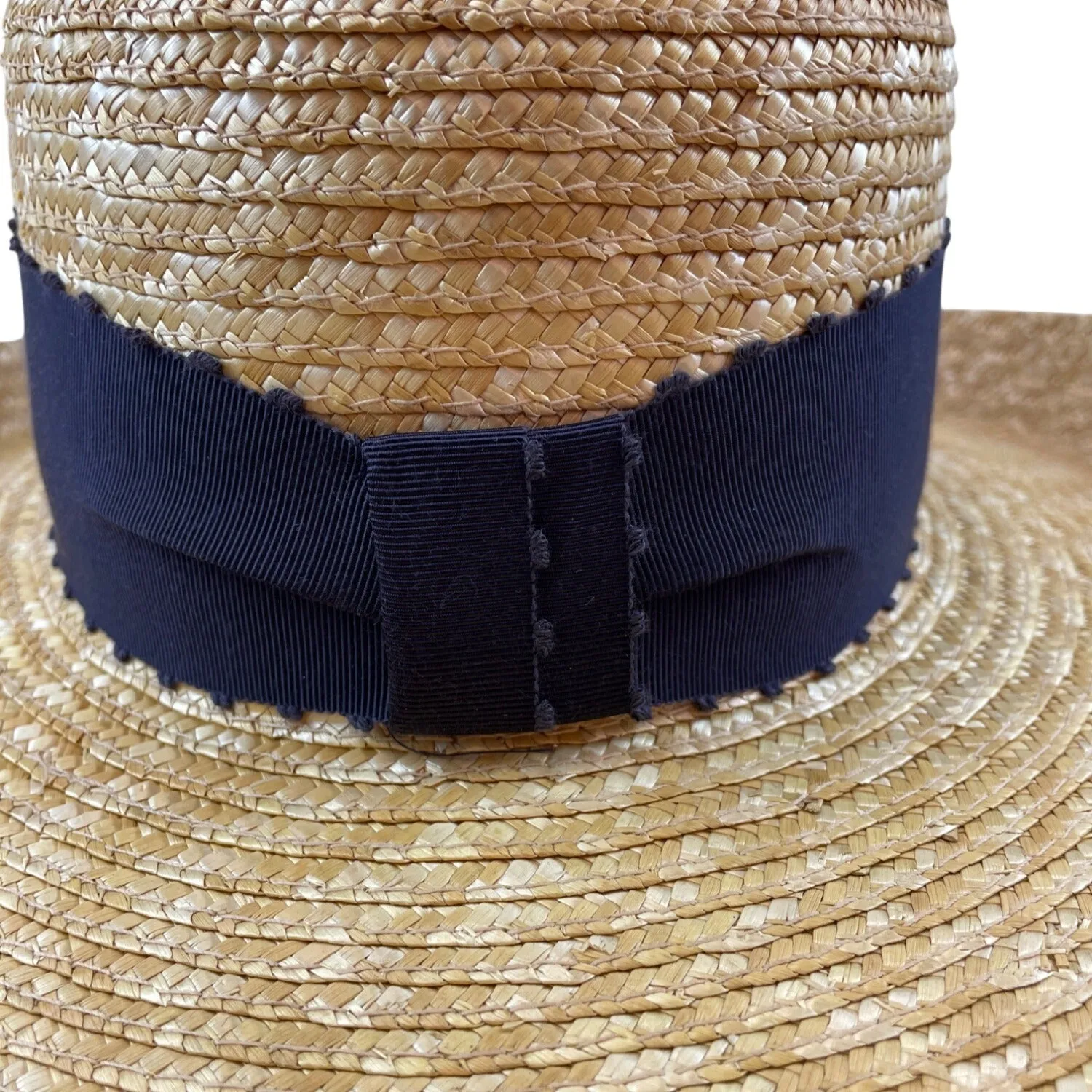 Laura Ashley Vintage Boater Straw Hat With Wide Black Grosgrain Ribbon Band