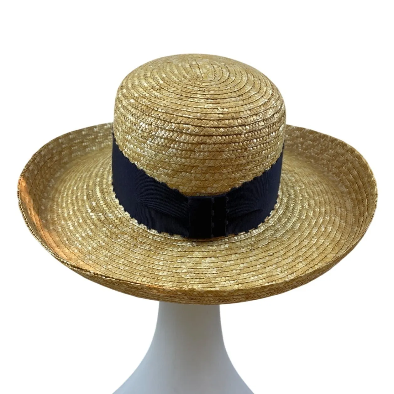 Laura Ashley Vintage Boater Straw Hat With Wide Black Grosgrain Ribbon Band