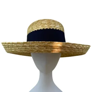 Laura Ashley Vintage Boater Straw Hat With Wide Black Grosgrain Ribbon Band