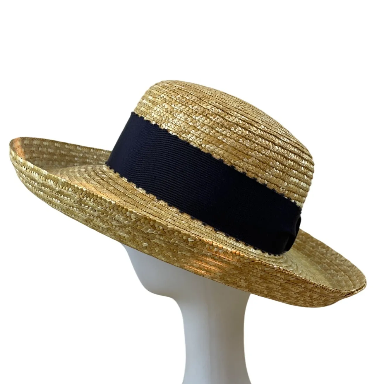 Laura Ashley Vintage Boater Straw Hat With Wide Black Grosgrain Ribbon Band