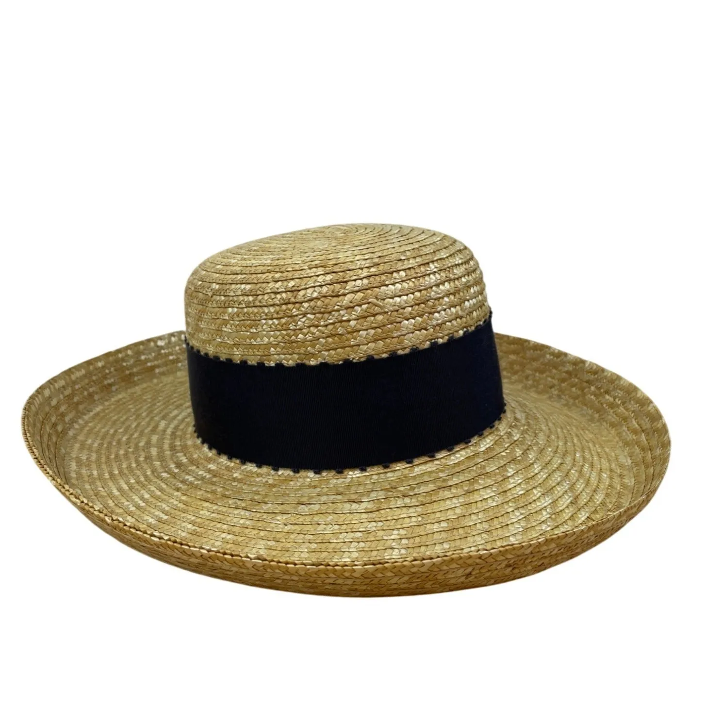 Laura Ashley Vintage Boater Straw Hat With Wide Black Grosgrain Ribbon Band