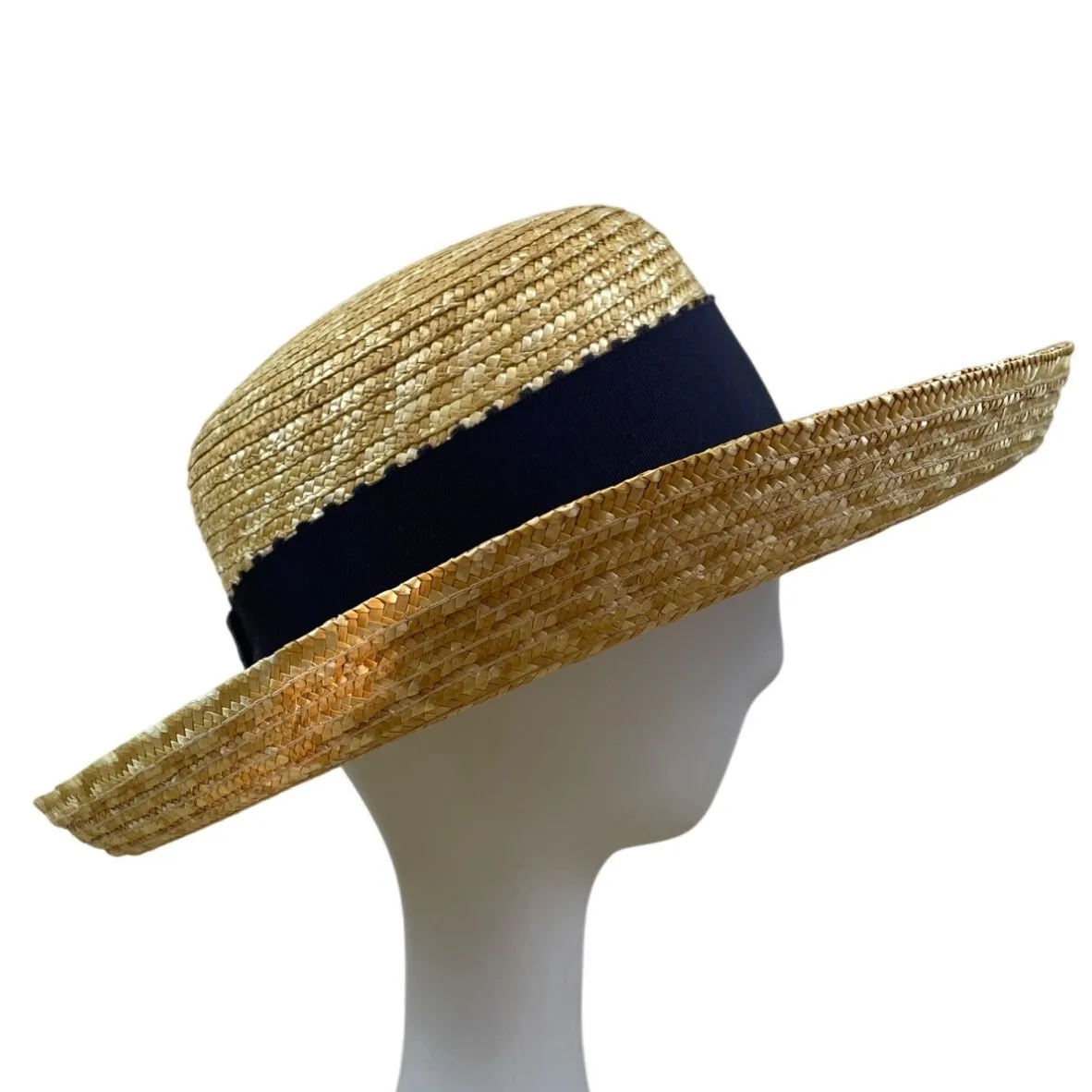 Laura Ashley Vintage Boater Straw Hat With Wide Black Grosgrain Ribbon Band