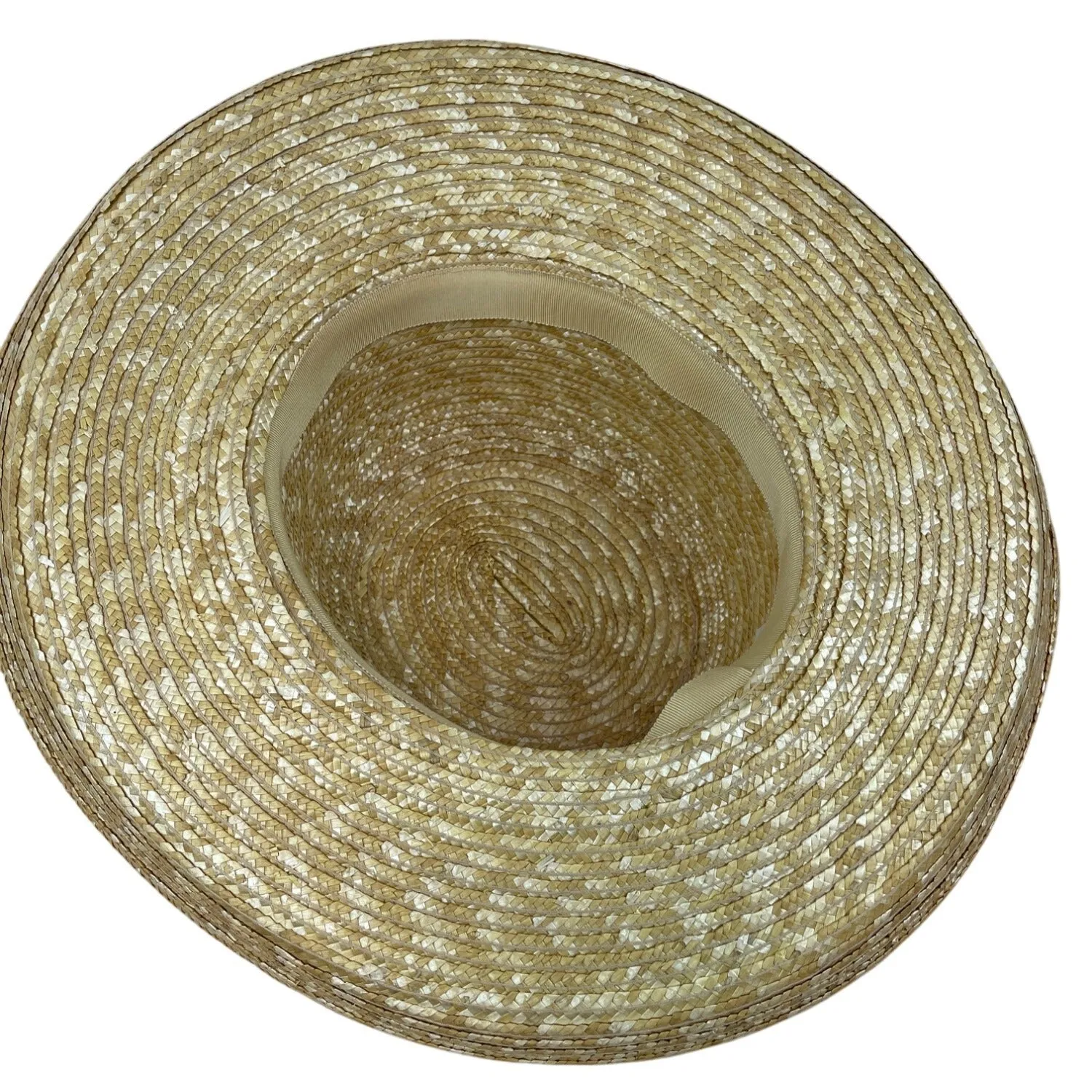 Laura Ashley Vintage Boater Straw Hat With Wide Black Grosgrain Ribbon Band