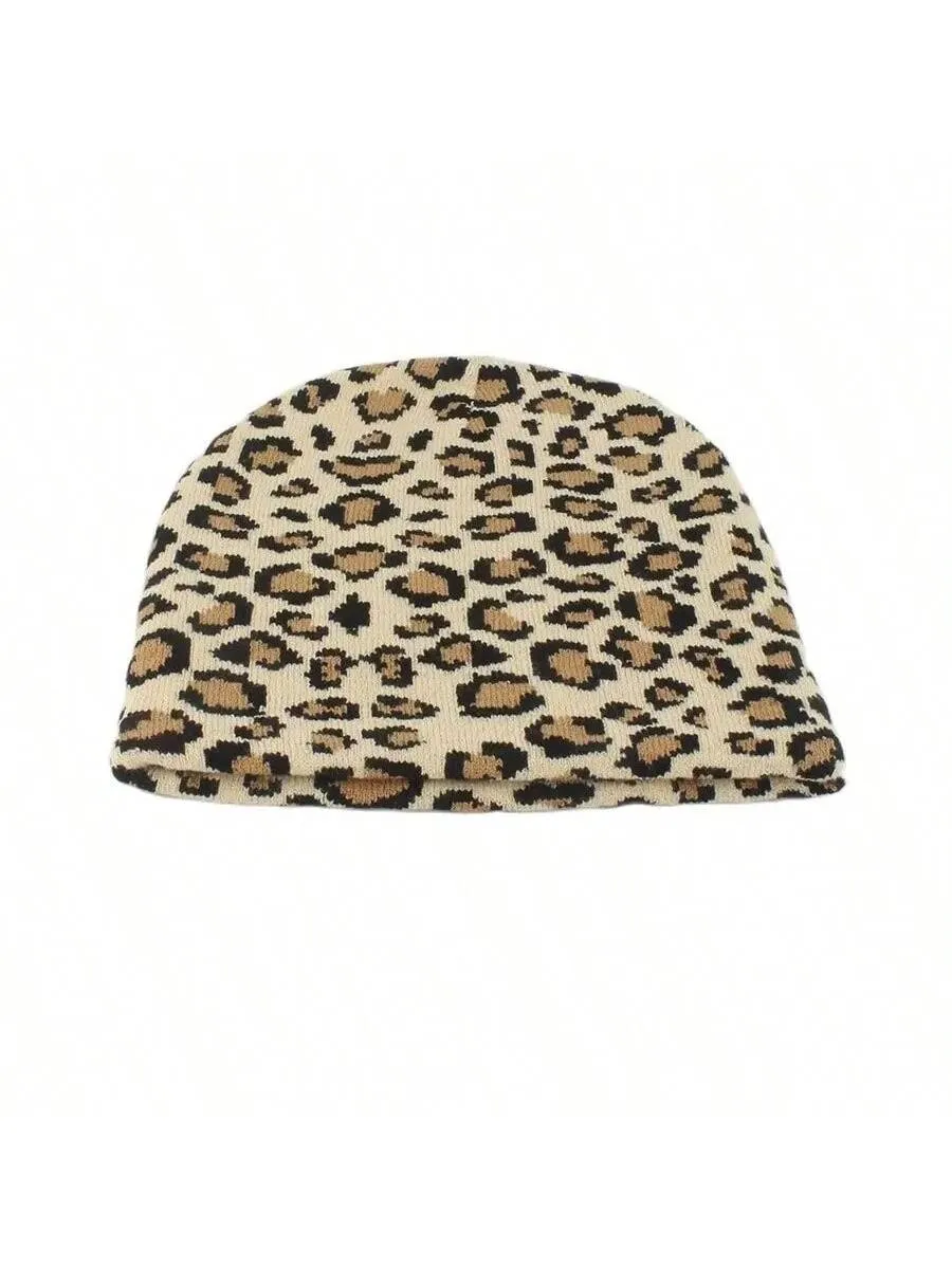 Leopard Jacquard Weave Knit Beanie Cap - Brown