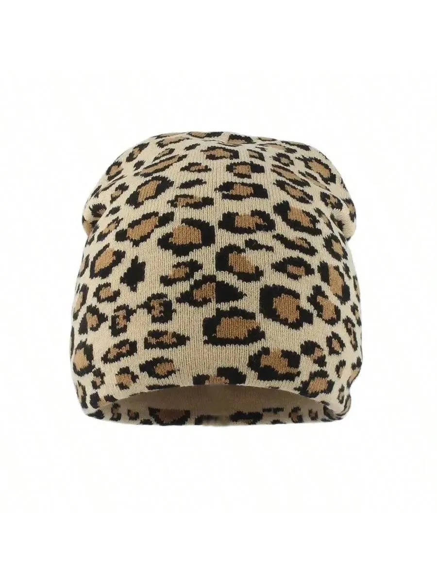 Leopard Jacquard Weave Knit Beanie Cap - Brown