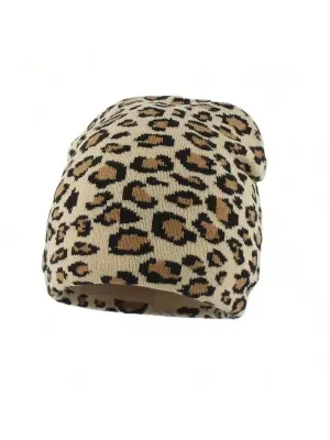 Leopard Jacquard Weave Knit Beanie Cap - Brown