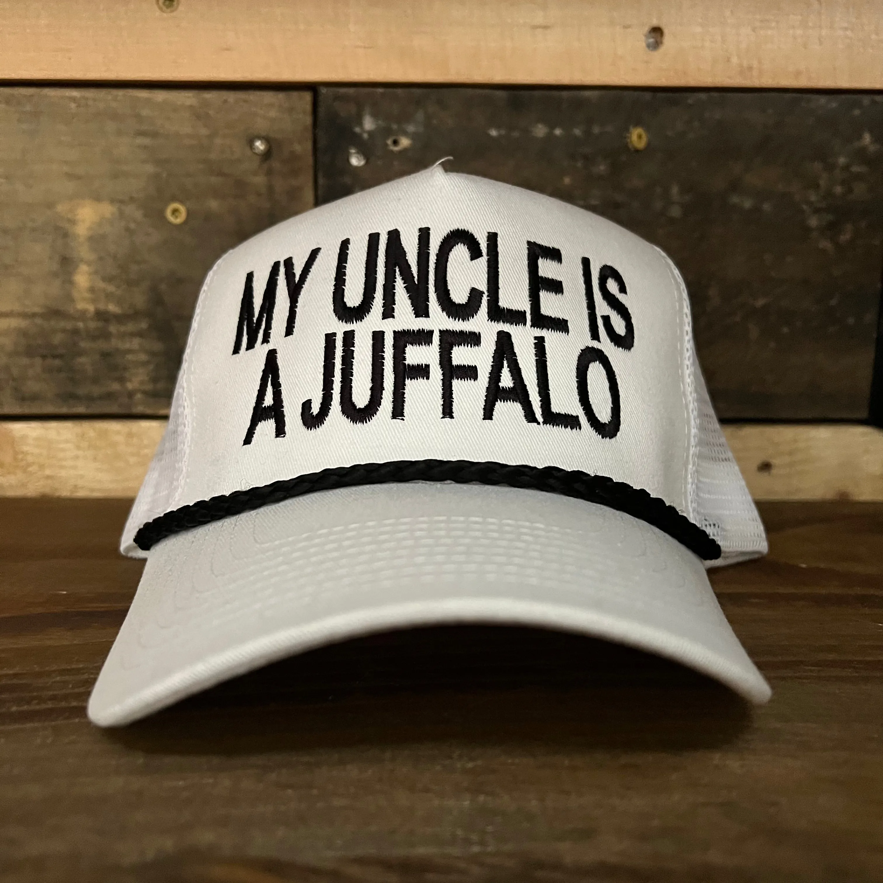 My Uncle Is A Juffalo Vintage White Mesh SnapBack Hat Cap with black rope Custom Embroidery