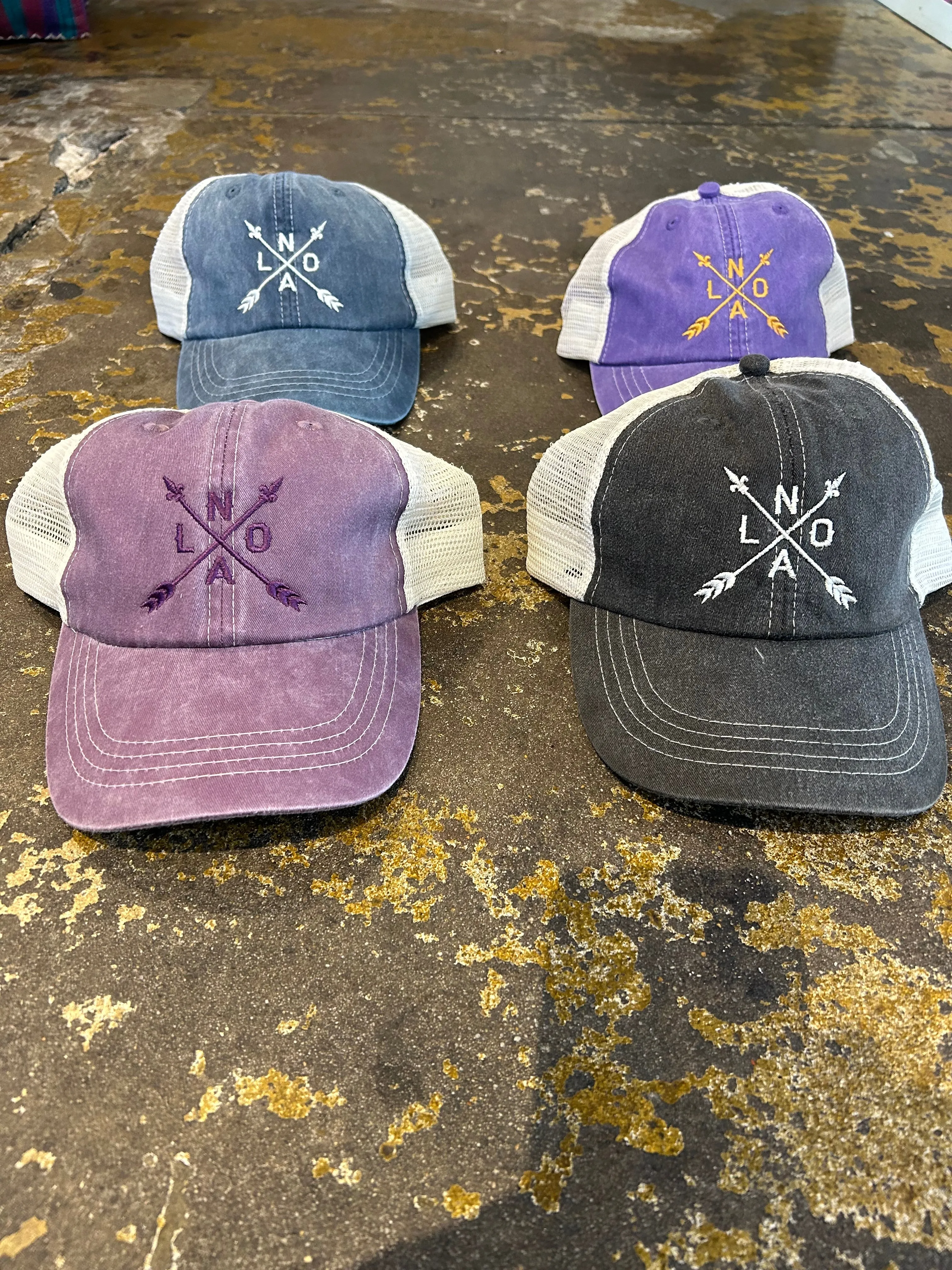 Nola Arrow embroidered Vintage Wash Baseball hat with mesh back