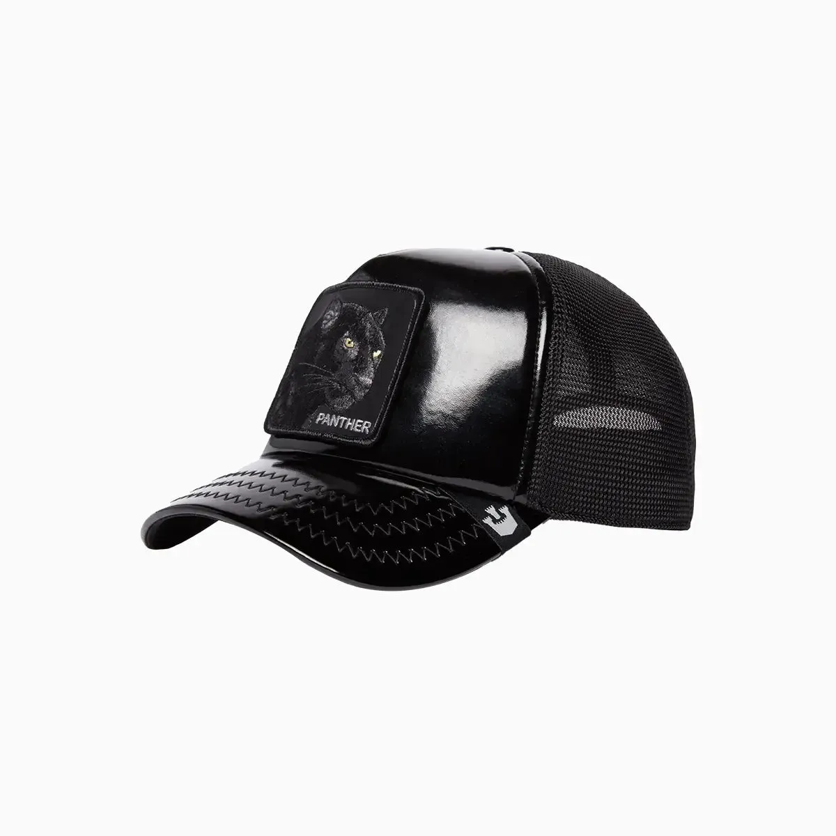 Obsidian Panther Puff Patent Trucker Hat