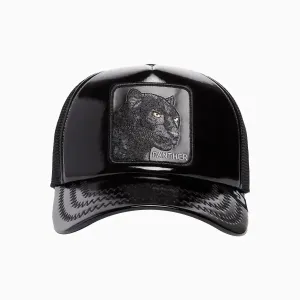 Obsidian Panther Puff Patent Trucker Hat