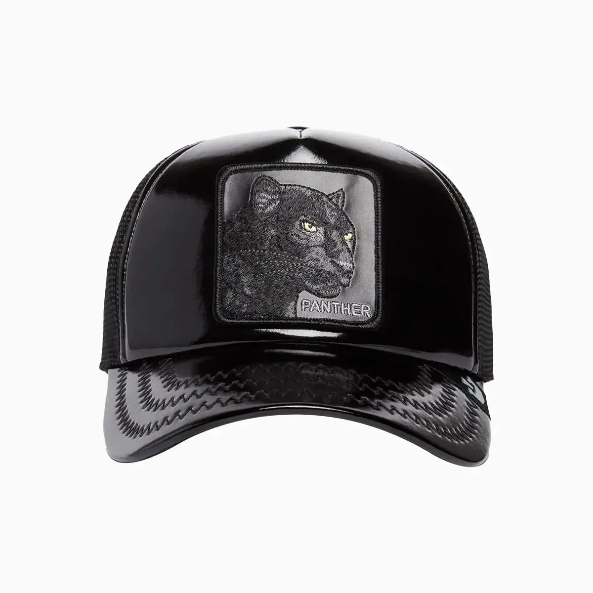 Obsidian Panther Puff Patent Trucker Hat
