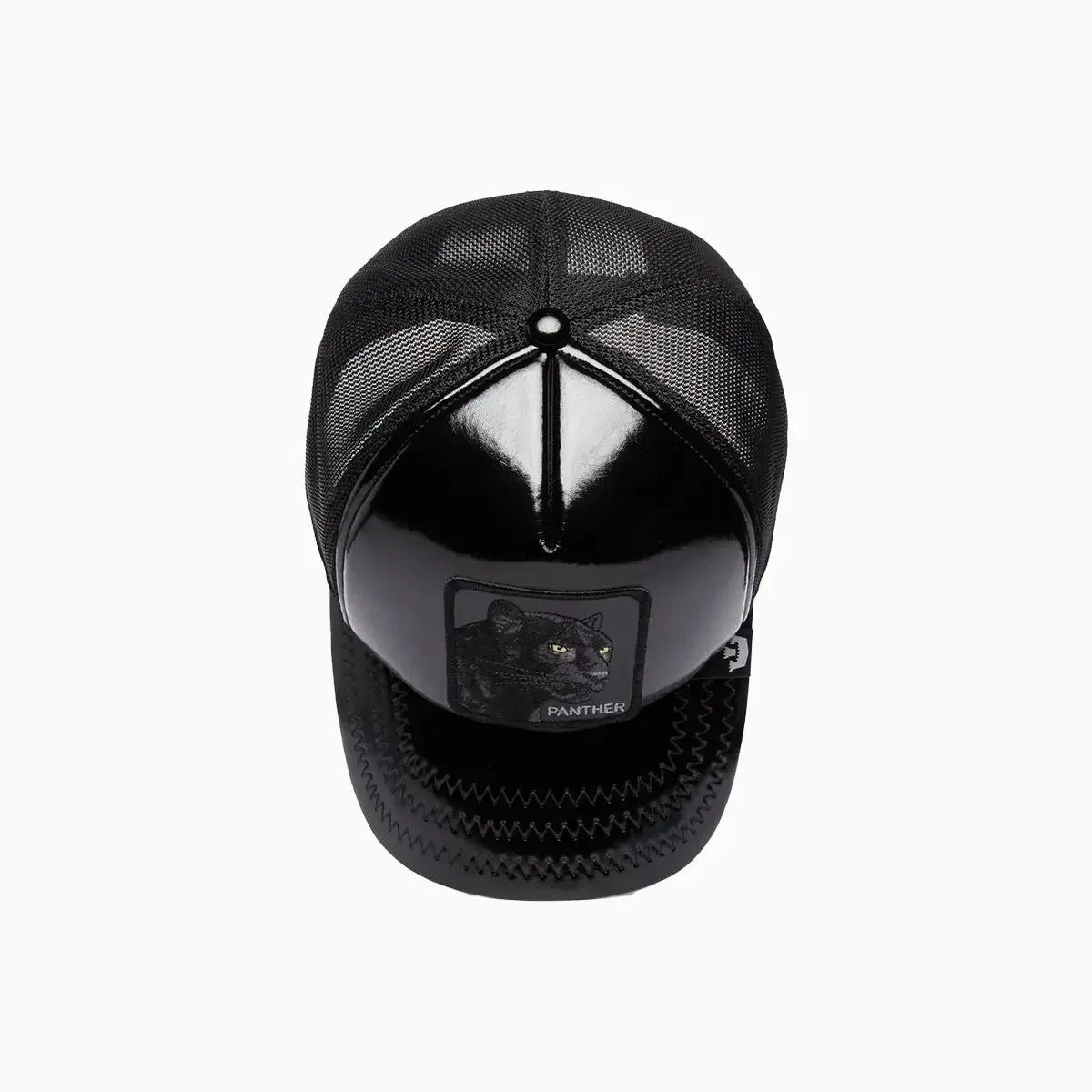 Obsidian Panther Puff Patent Trucker Hat