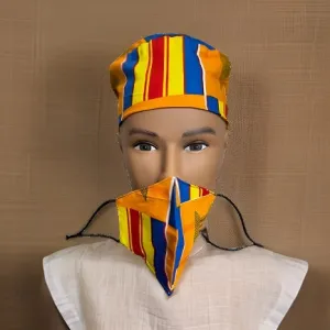 Orange/Yellow/Red/Blue Kente Print African Kufi Hat with Matching Mask