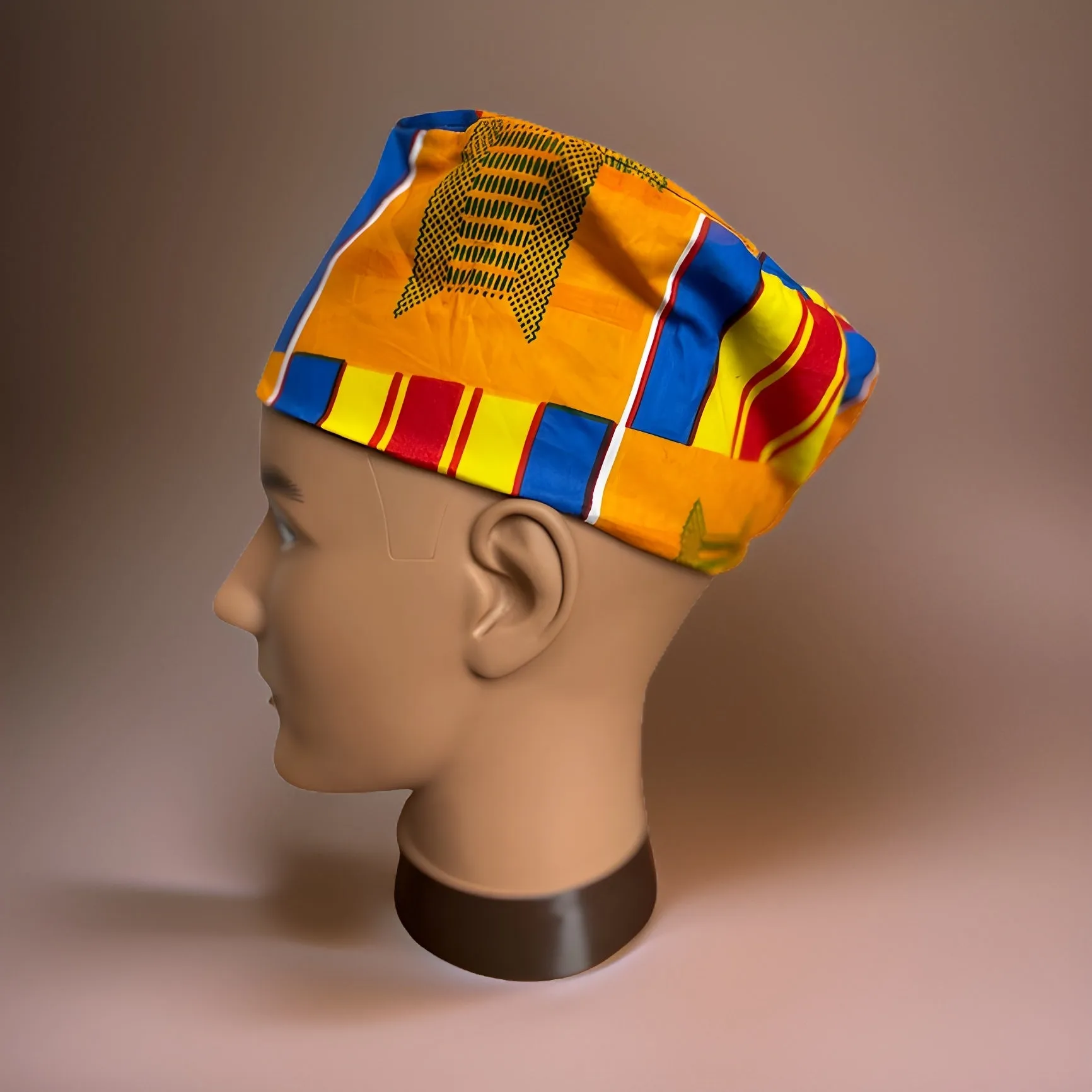 Orange/Yellow/Red/Blue Kente Print African Kufi Hat with Matching Mask