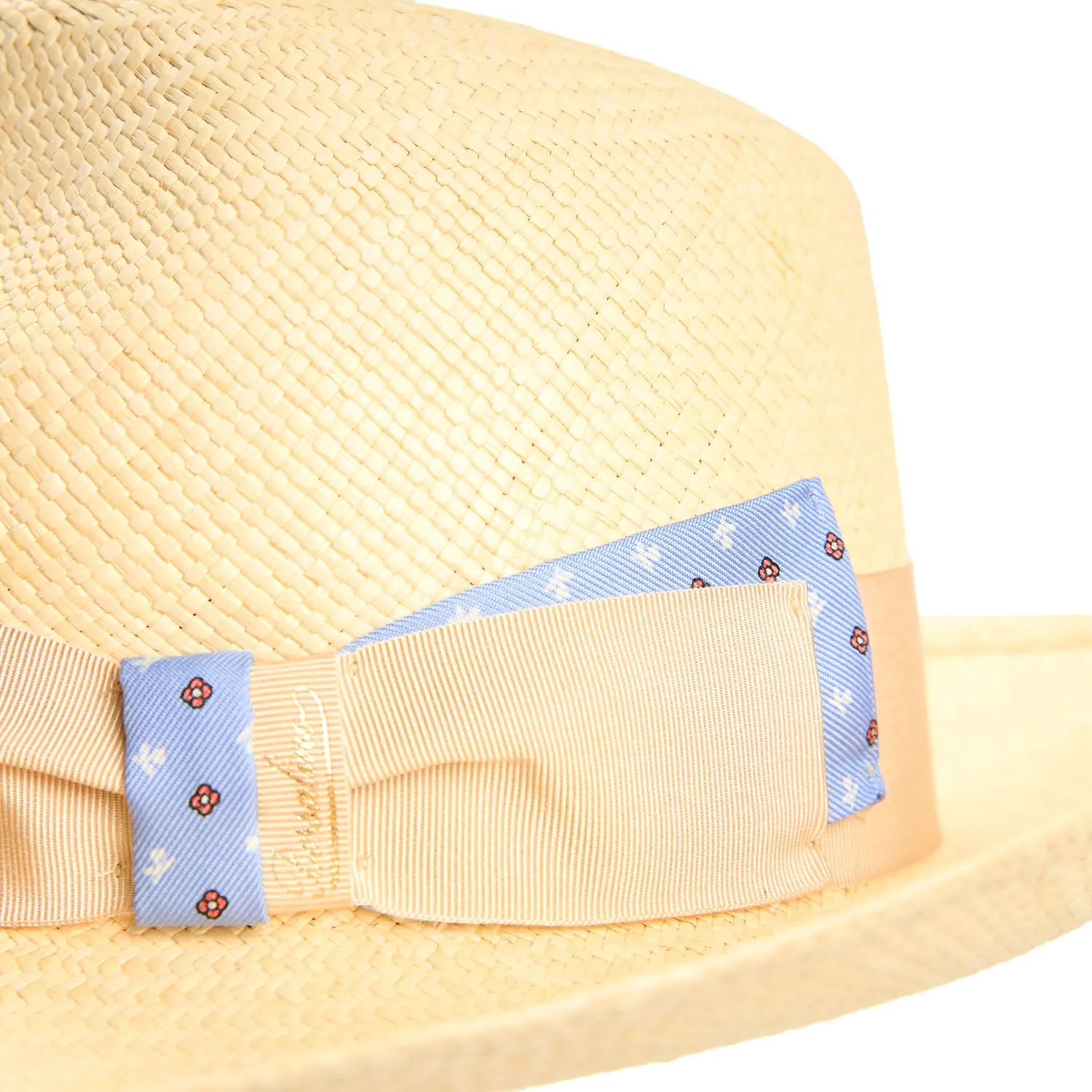 PANAMA AMEDEO MODEL WITH LIGHT BLUE SILK DETAILS ON BOW AND BAND, 55 CM