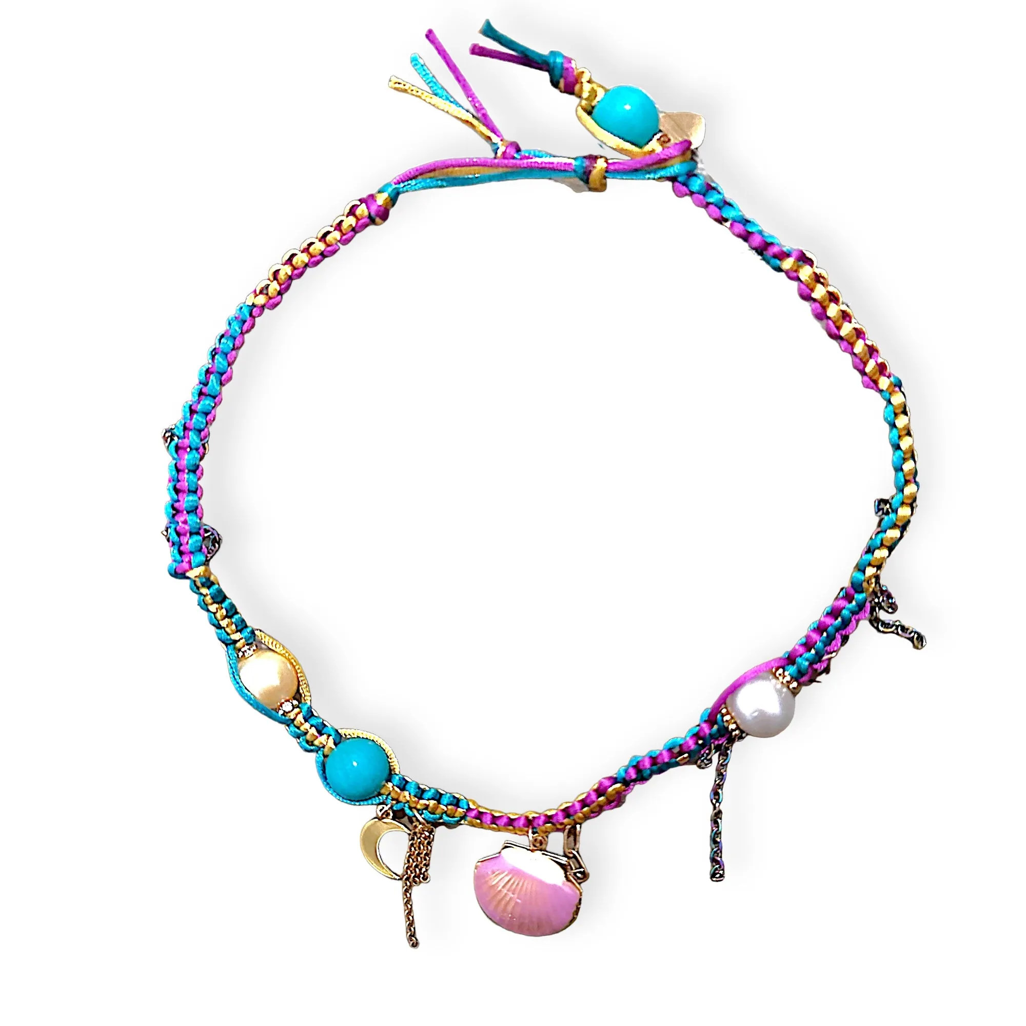 PINK UNDER THE SEA SHELL LUCKY CHARM SILK ROCKSTAR CHOKER