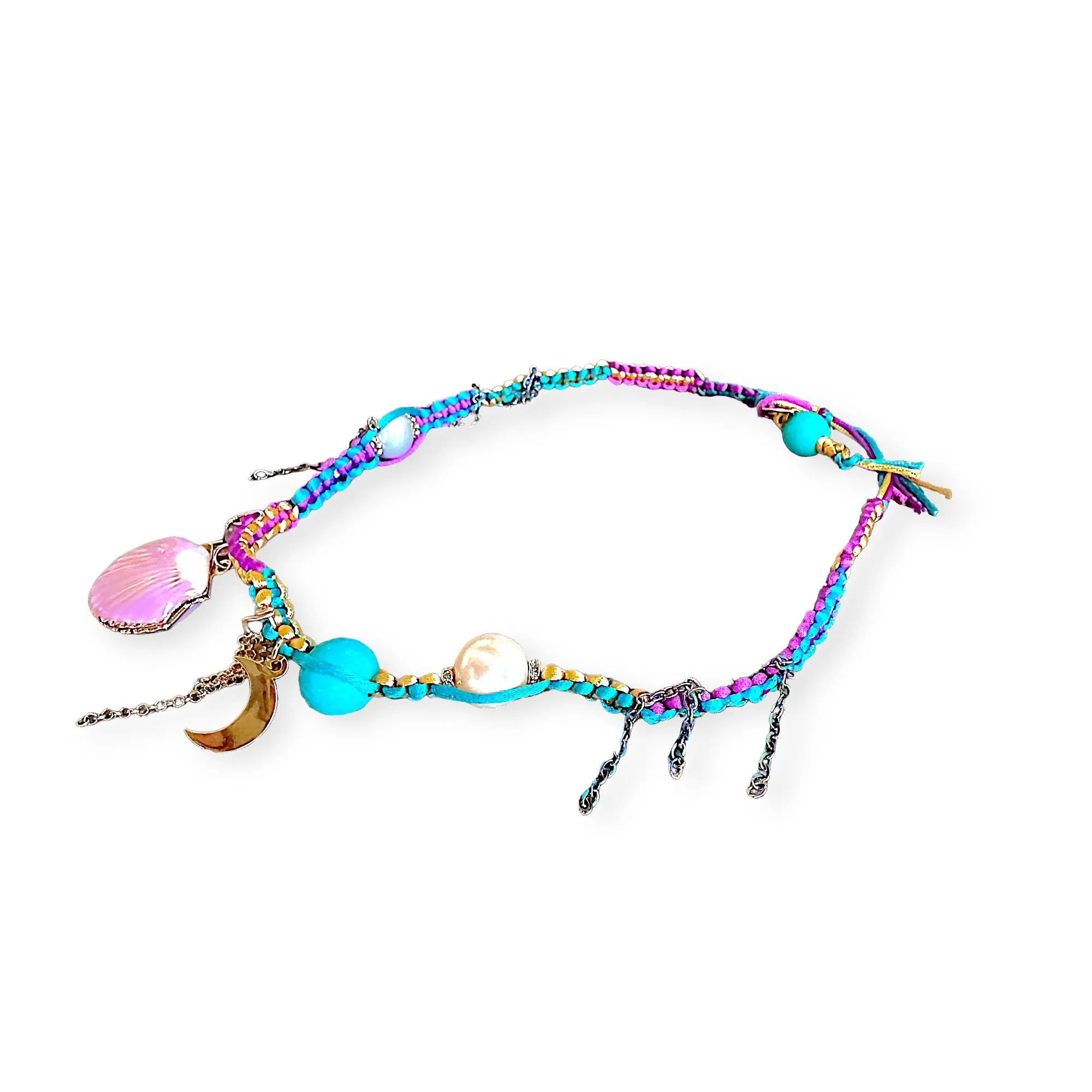 PINK UNDER THE SEA SHELL LUCKY CHARM SILK ROCKSTAR CHOKER