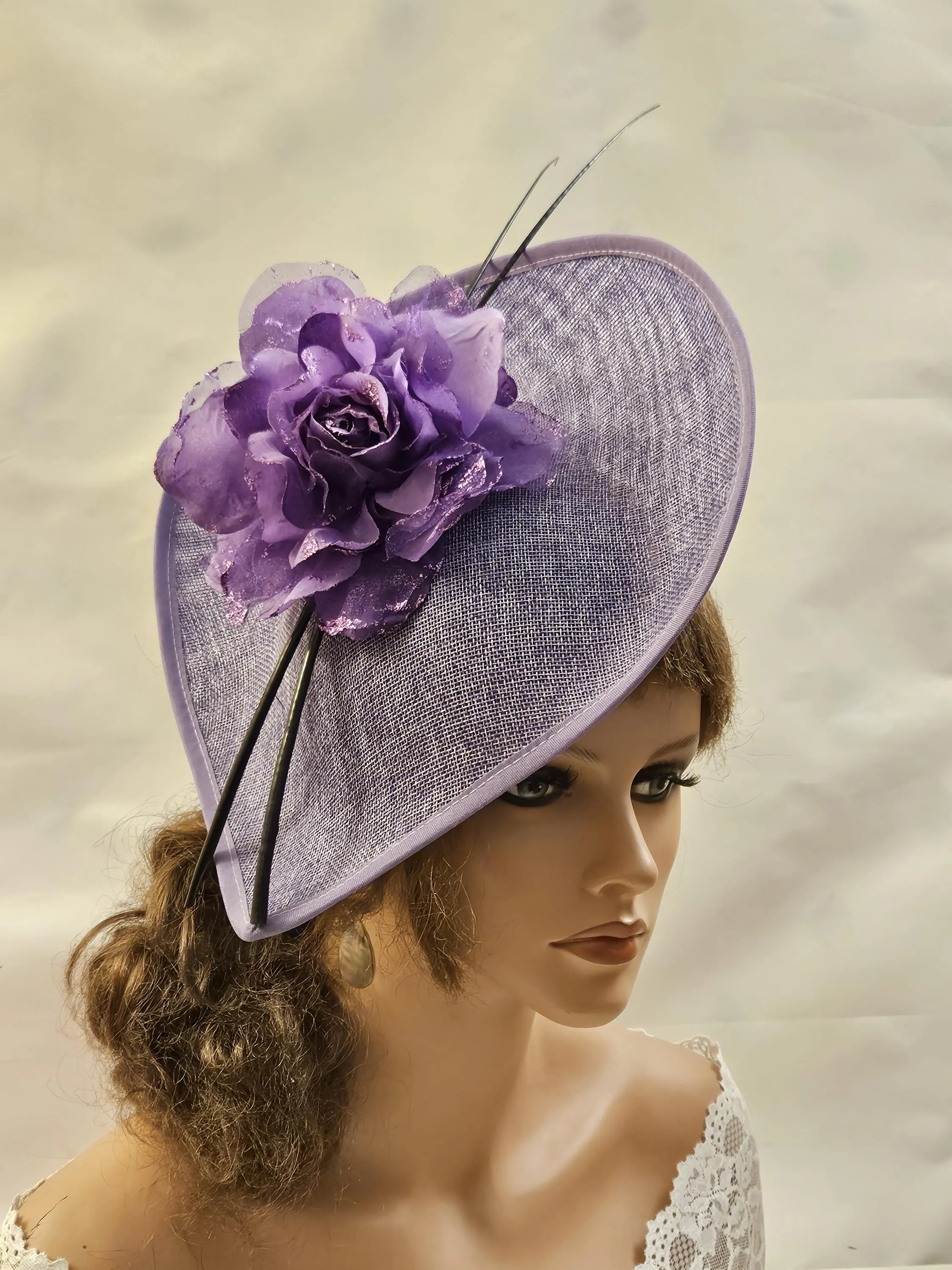Purple Hat Fascinator long Quill Feather Wedding Hatinator Deeppurple hat  Floral Fascinator Mother of Bride,Groom Cocktail Ascot fascinator