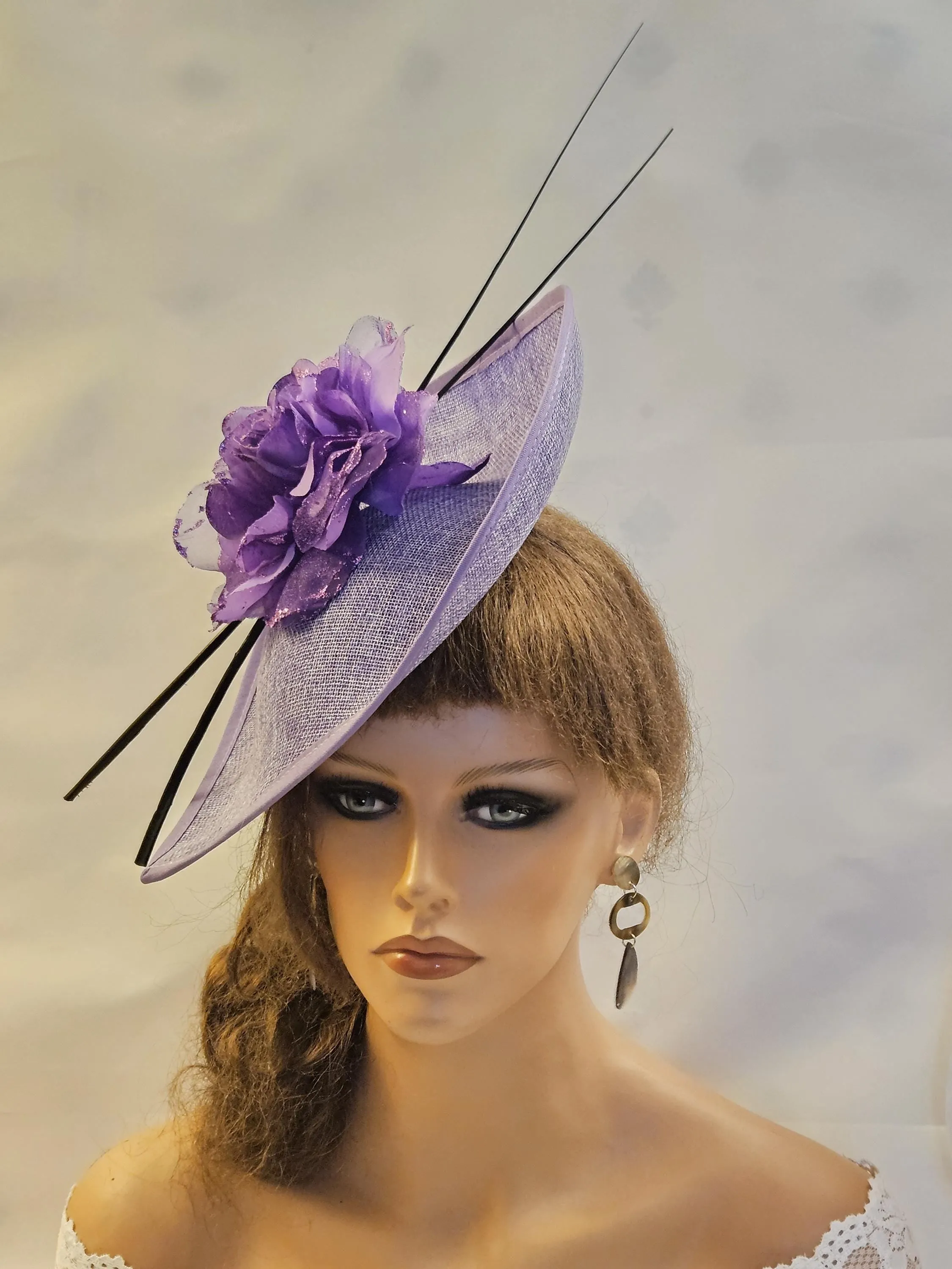 Purple Hat Fascinator long Quill Feather Wedding Hatinator Deeppurple hat  Floral Fascinator Mother of Bride,Groom Cocktail Ascot fascinator
