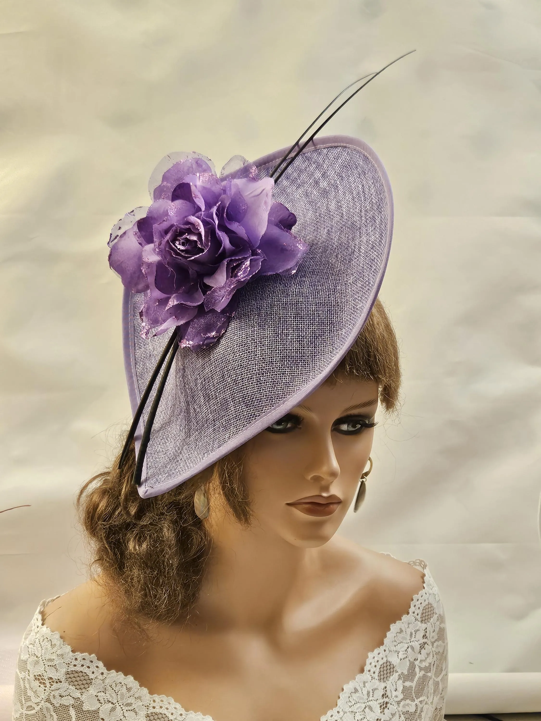 Purple Hat Fascinator long Quill Feather Wedding Hatinator Deeppurple hat  Floral Fascinator Mother of Bride,Groom Cocktail Ascot fascinator