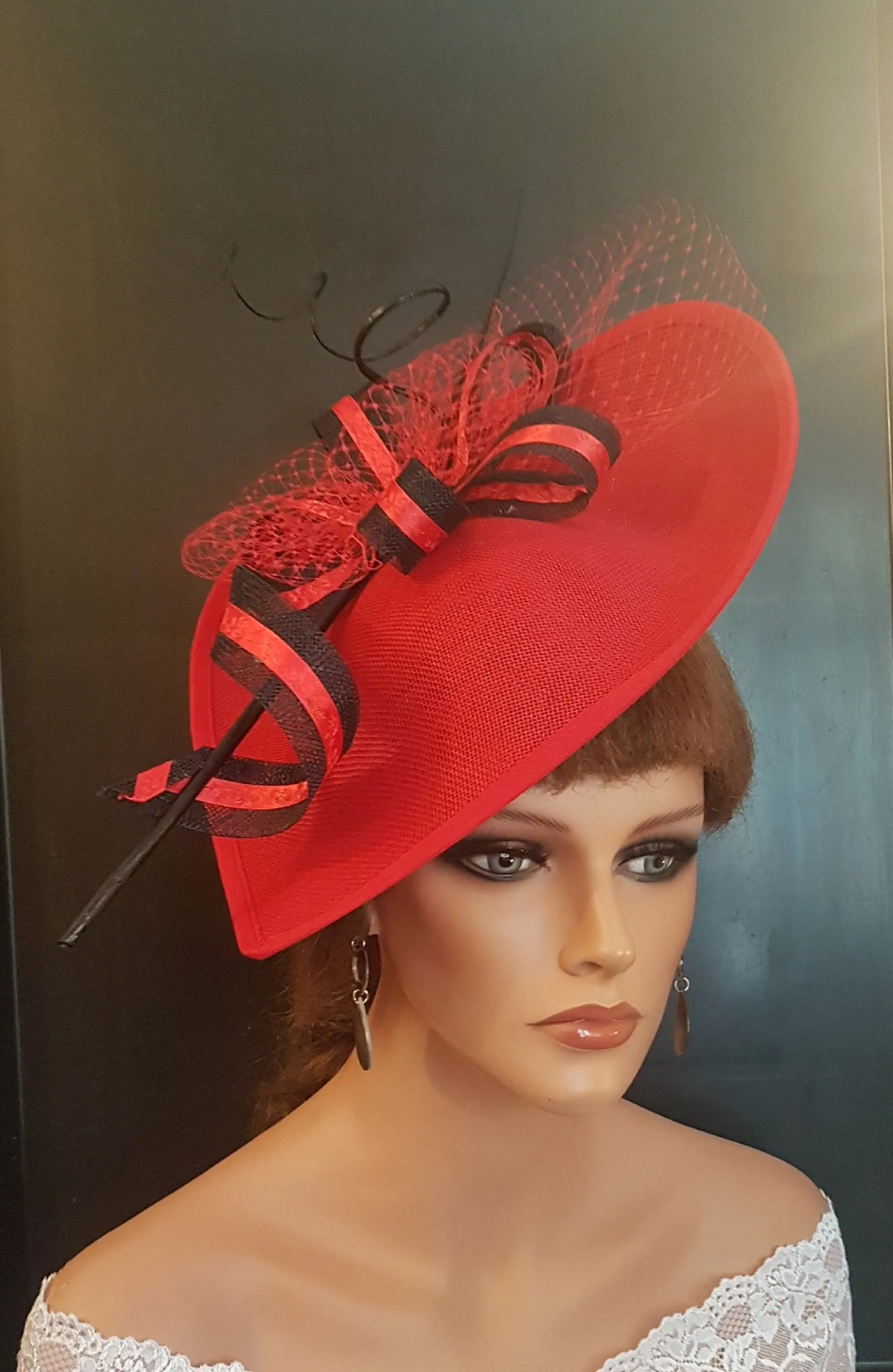 RED Fascinator Hat  Long Quil Feather French Netting hair accessory Wedding Ceremoney Ascot Race hat Mother of bride/Groom  Fascinator Hat
