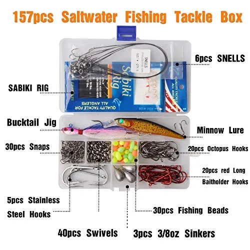 Saltwater Fishing Lures Surf Fishing Tackle Box, 157pcs Surf Fishing Bait Rigs Minnow Lure Bucktail Jig Hooks Sinker Fishing Gear Accessories