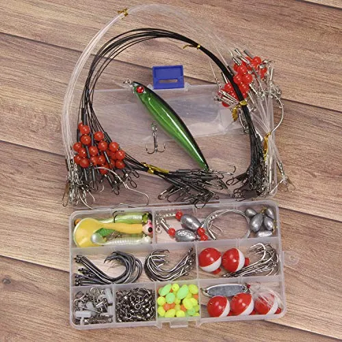 Saltwater Surf Fishing Tackle Kit -138pcs Leader Rigs Saltwater Lures Spoon Sinker Weights Floats Hooks Swivel Beach Fishing Gear