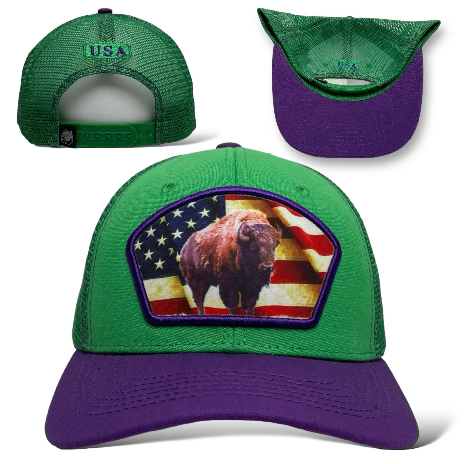 United States America USA Flag Bison Buffalo Patch Snapback Cap