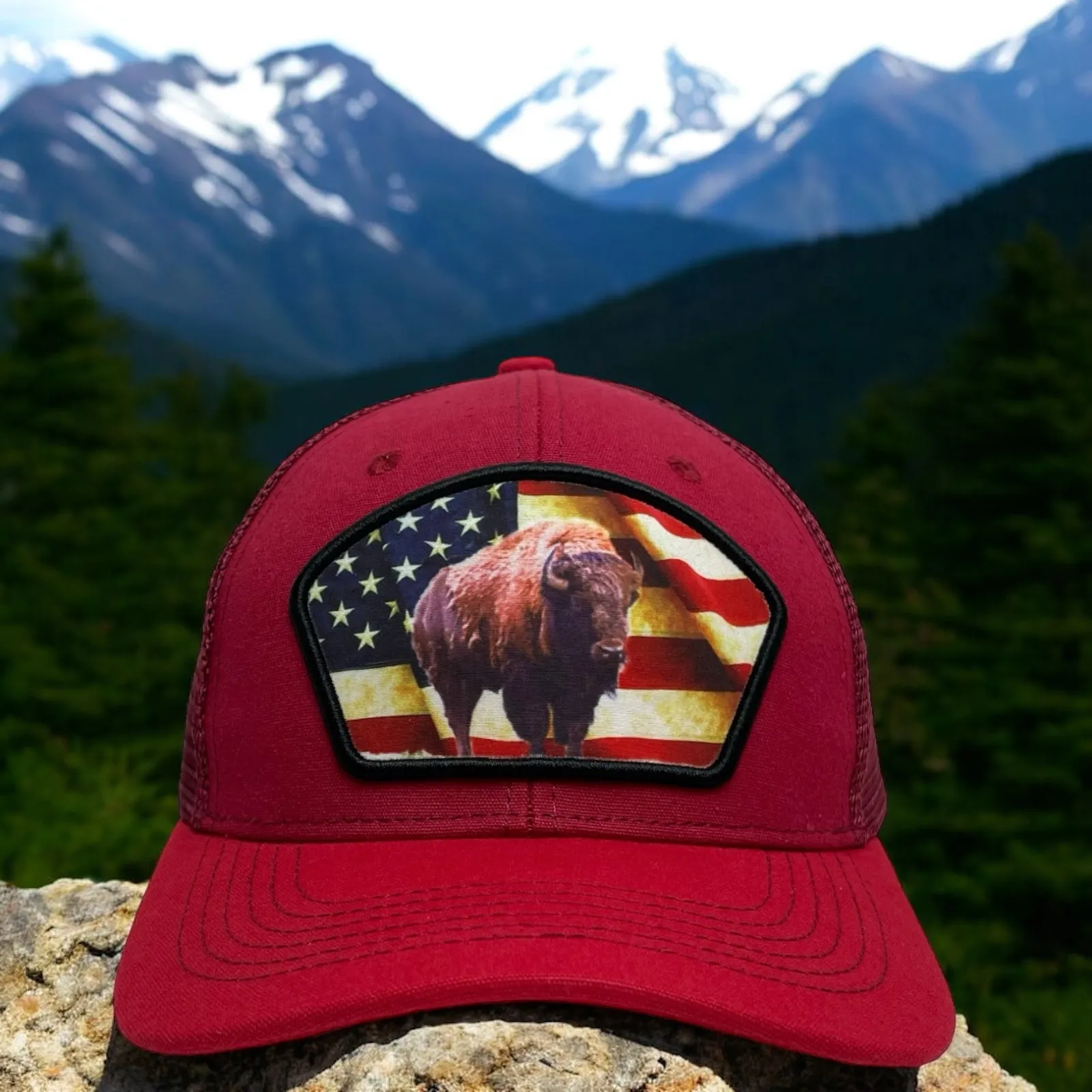 United States USA Flag Bison Buffalo Patch Snapback Trucker Hat