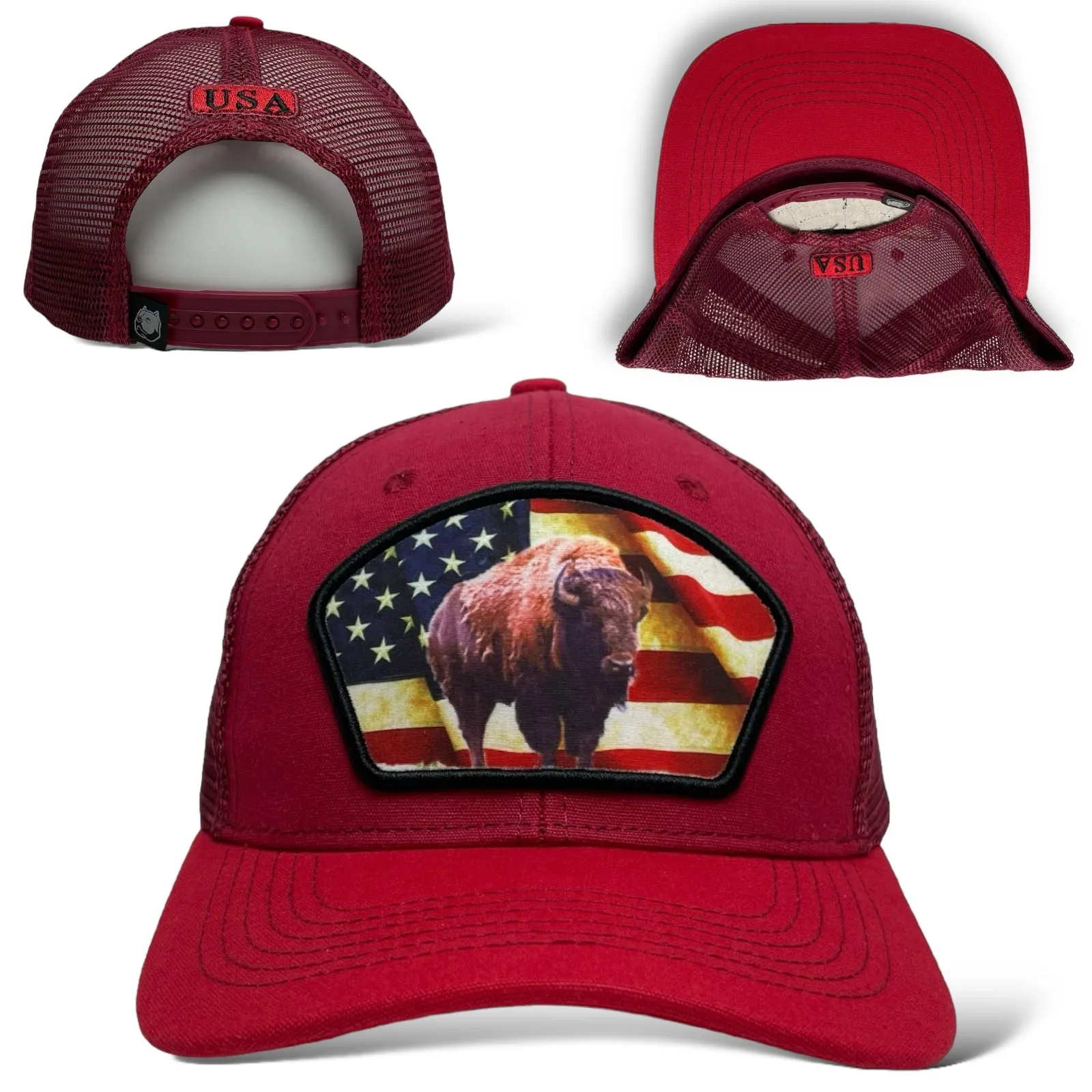 United States USA Flag Bison Buffalo Patch Snapback Trucker Hat