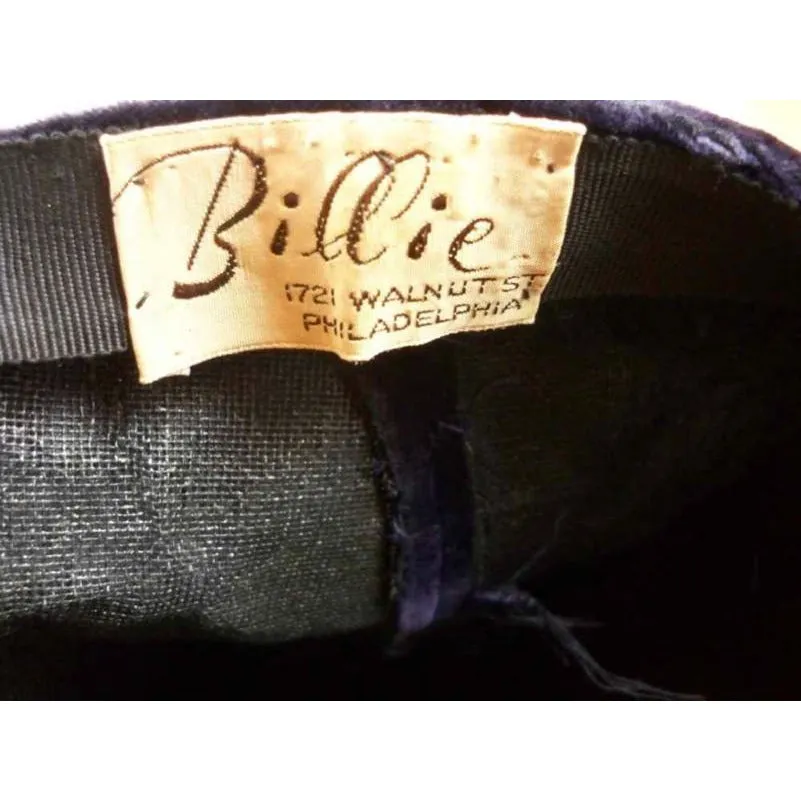 Vintage Deep Blue Velvet Tall Architectural Hat 1940S By Billie 22" Medium