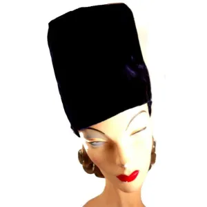 Vintage Deep Blue Velvet Tall Architectural Hat 1940S By Billie 22" Medium