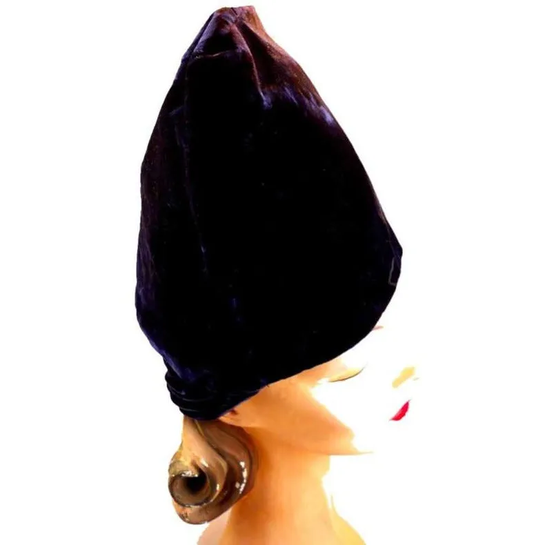 Vintage Deep Blue Velvet Tall Architectural Hat 1940S By Billie 22" Medium