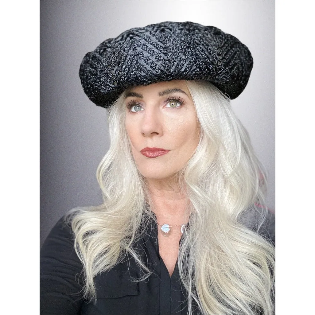 Vintage Ladies Black Cellophane Lace Straw Brimmed Hat 1960s